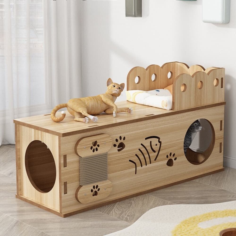 Natural Wood Tunnel Cat Bed - catati - nz - cat - products - online