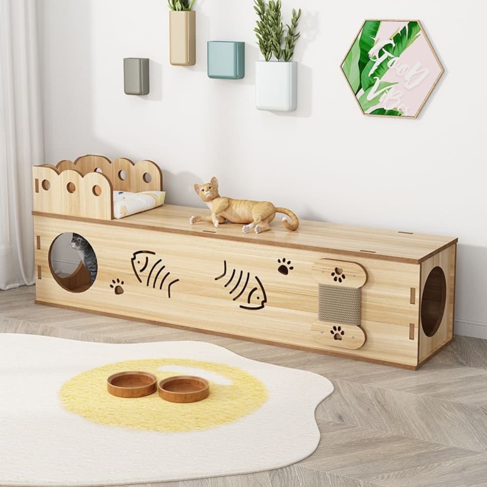 Natural Wood Tunnel Cat Bed - catati - nz - cat - products - online