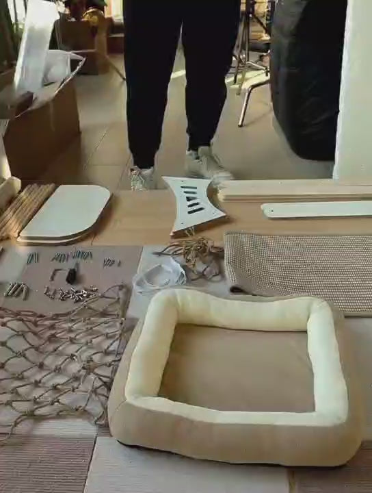 Wooden Cat Tower with Hammock & Climbing Net