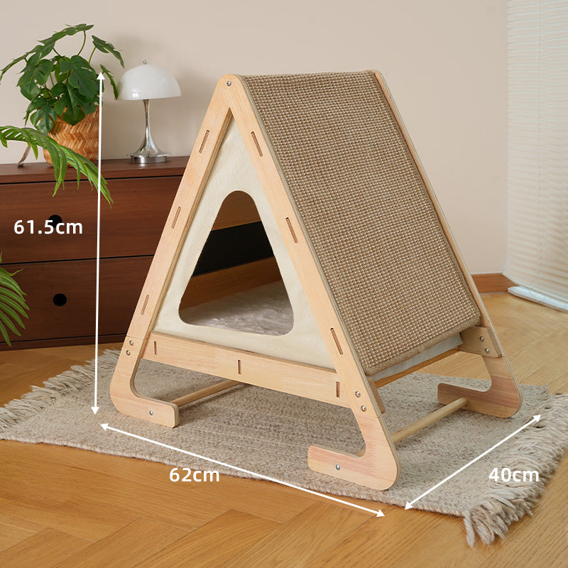 Wooden Triangle Cat House - Scratcher & Lounge