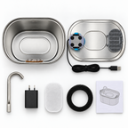 Opened cat water fountain with tray, pump, USB cable, adapter, filter, sponge and instructions