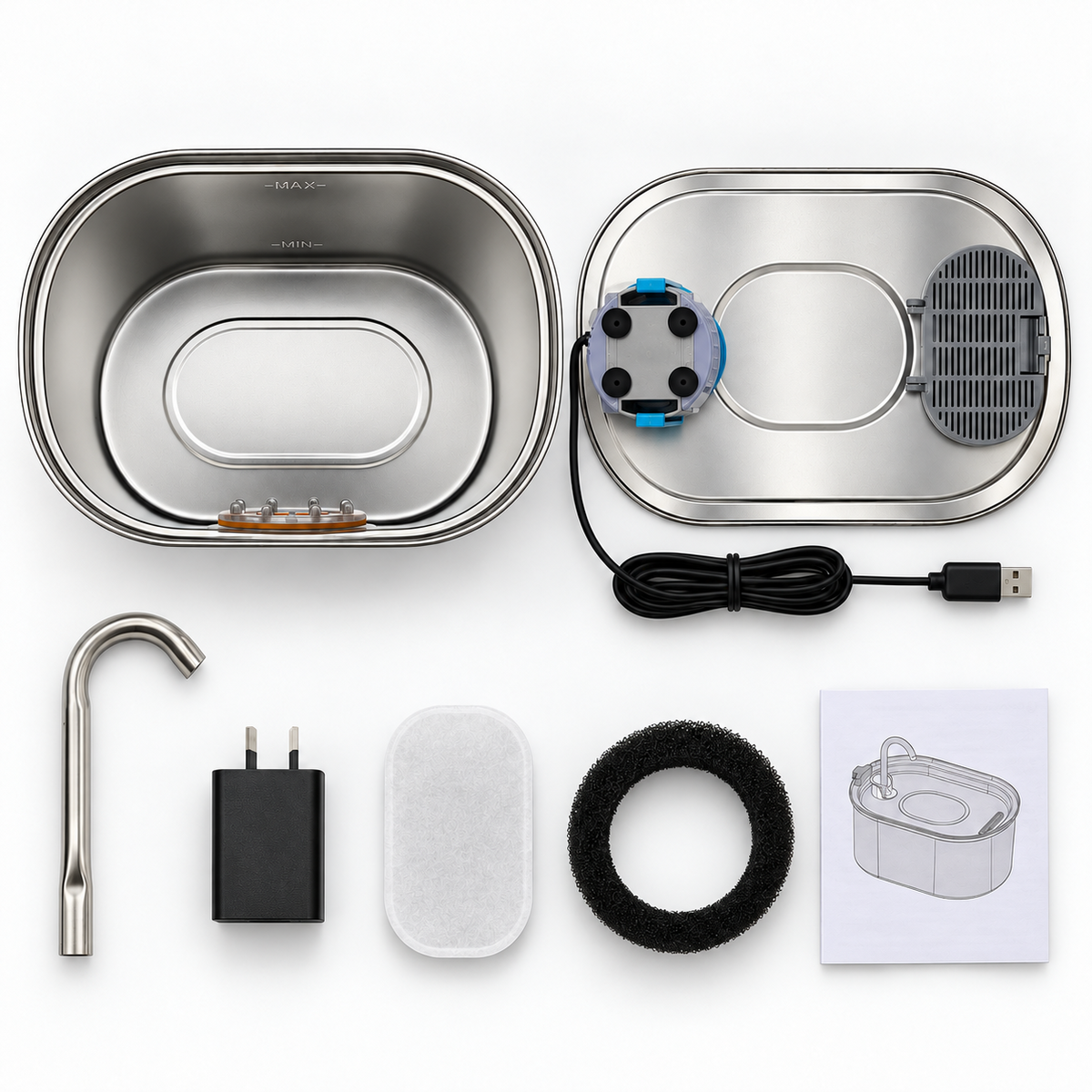 Opened cat water fountain with tray, pump, USB cable, adapter, filter, sponge and instructions