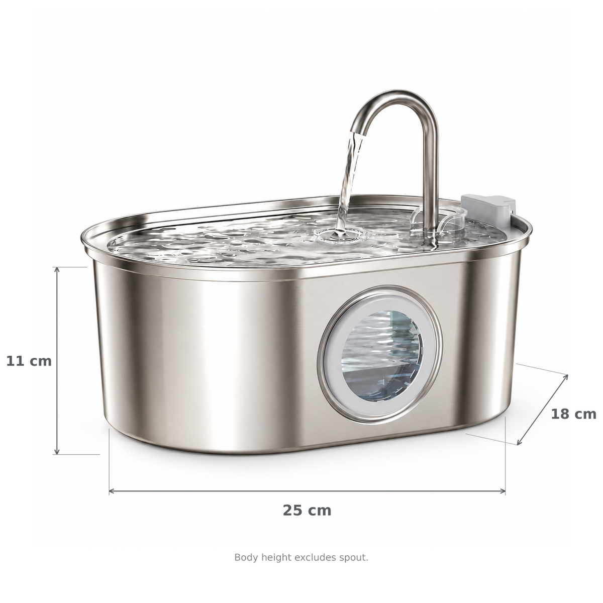 Fountain body dimensions: 25 cm wide, 18 cm deep and 11 cm high, excluding the spout