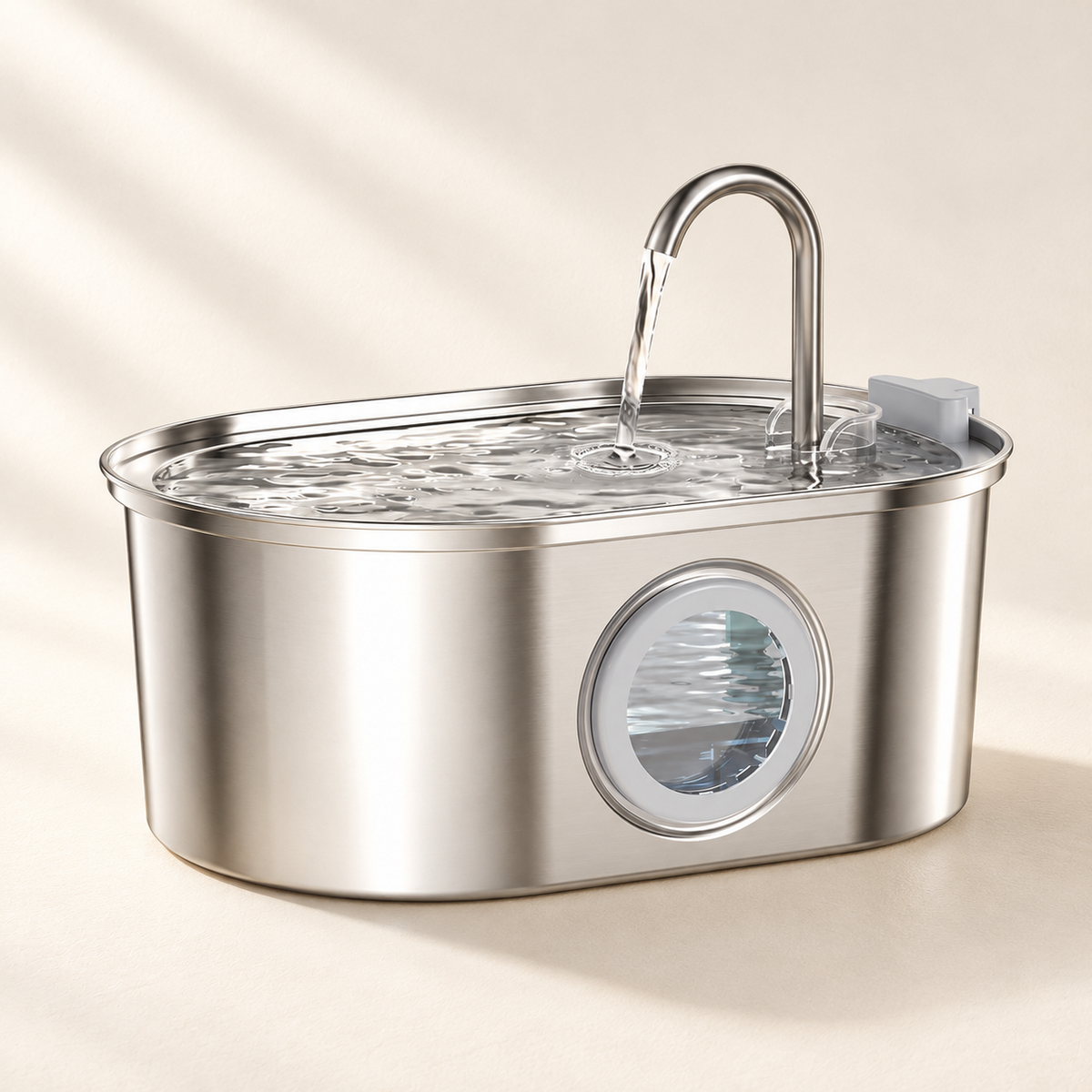Stainless steel cat water fountain with flowing water on a warm ivory background